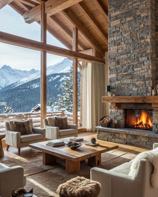 Luxury alpine chalet with panoramic mountain views and cozy fireplace for winter getaways