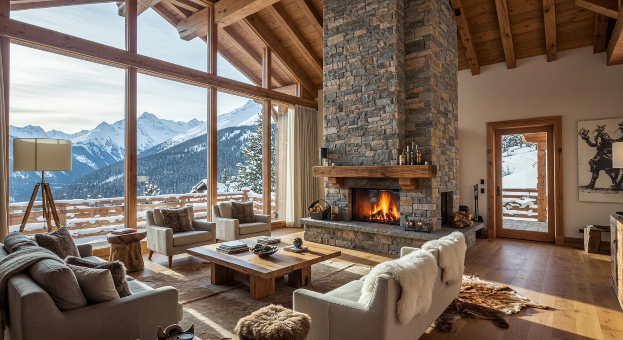 Luxury alpine chalet with panoramic mountain views and cozy fireplace for winter getaways